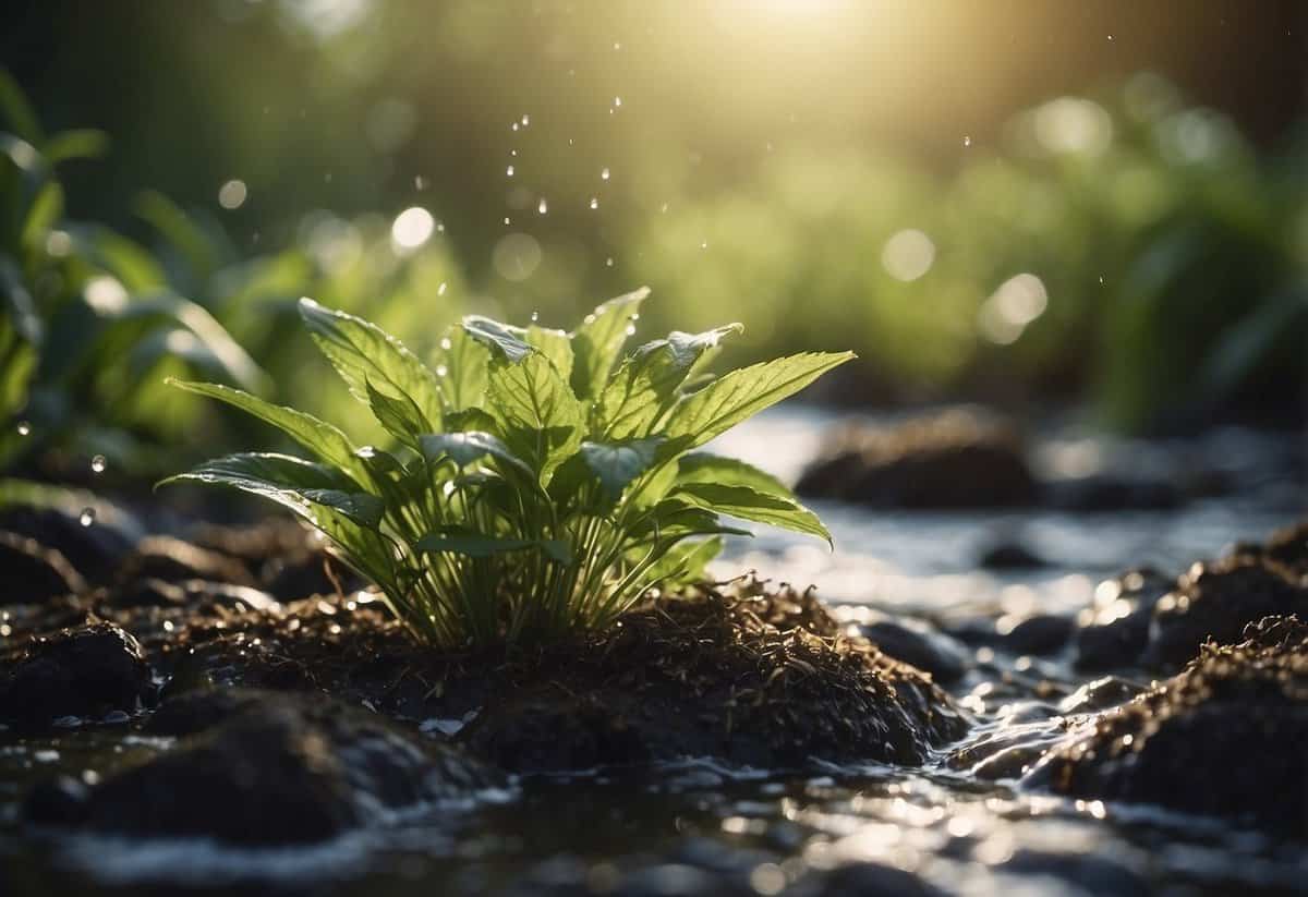 Water flows at soil level, nourishing plants and washing away weed tips