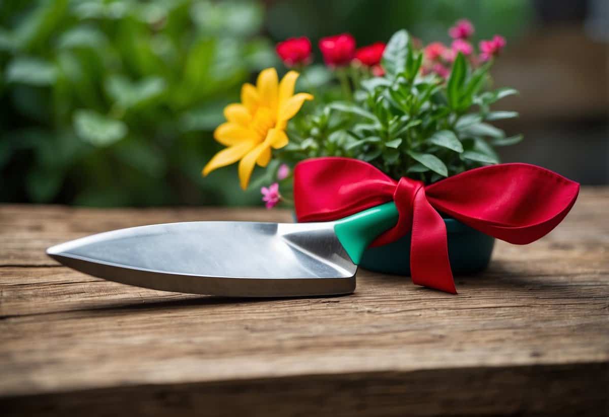 A personalized garden trowel sits on a rustic wooden table, surrounded by vibrant green potted plants and colorful flowers, with a festive red bow tied around the handle