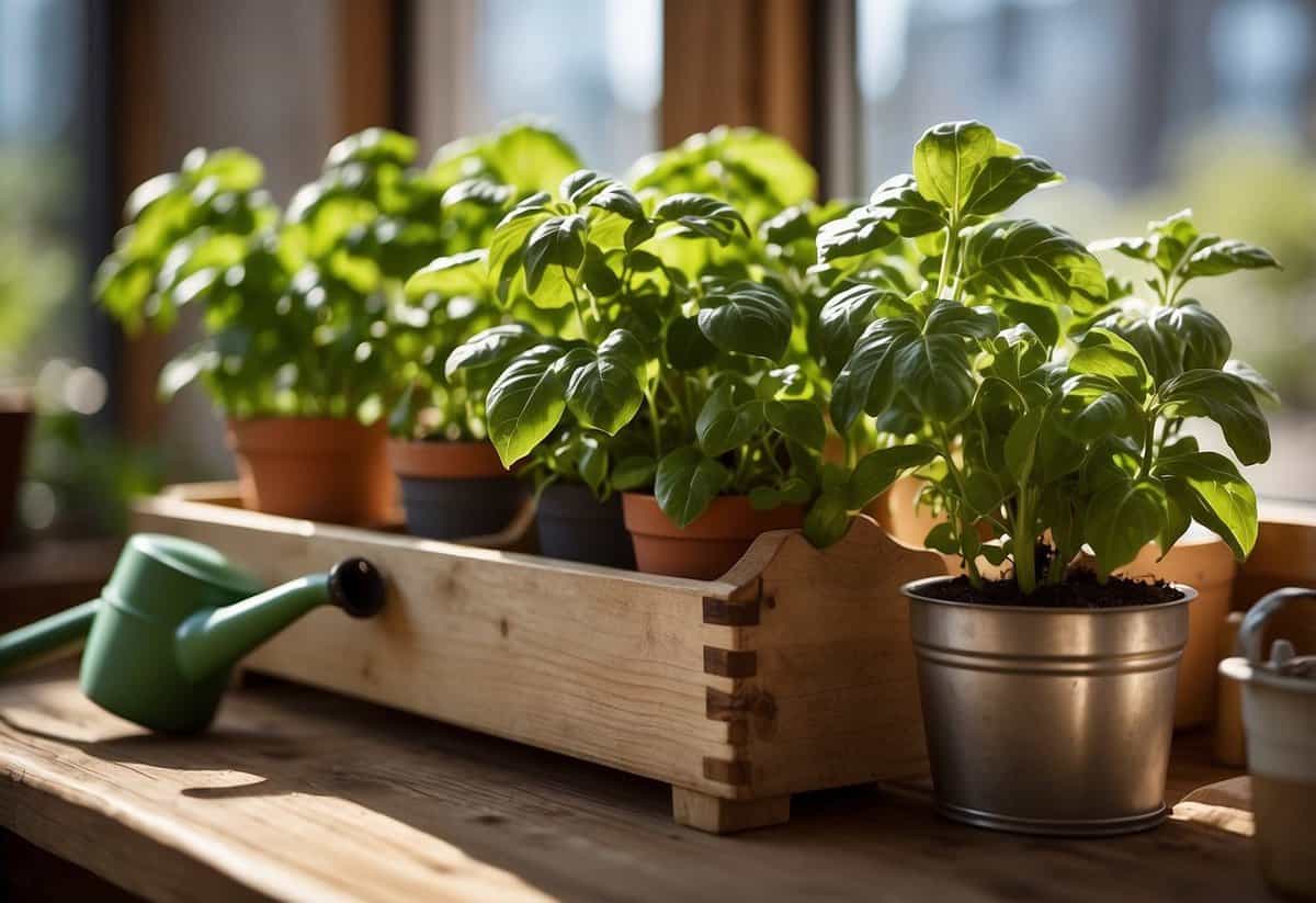 A wooden planter box sits on a sunny windowsill, filled with pots of basil, mint, and thyme. A small watering can and gardening tools are neatly arranged nearby