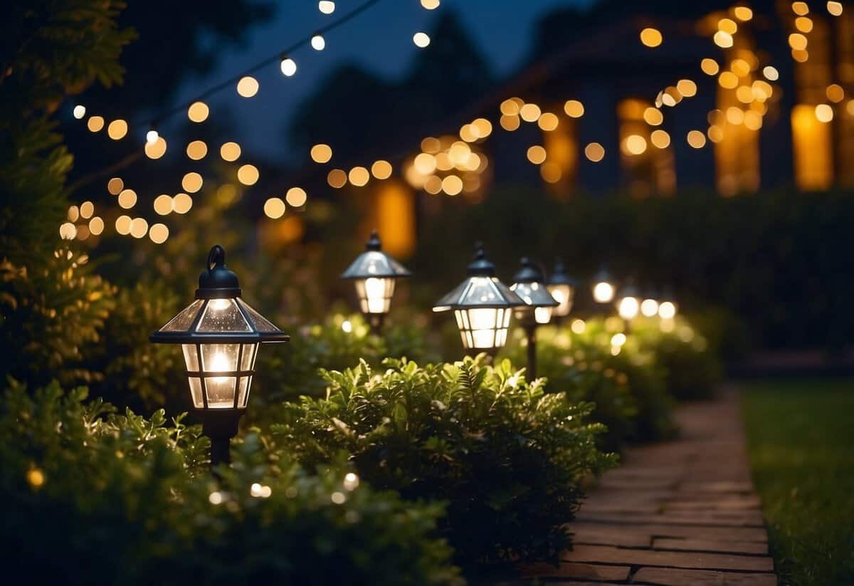 A garden adorned with solar-powered lights, illuminating the night sky. A festive display of gardening xmas gifts