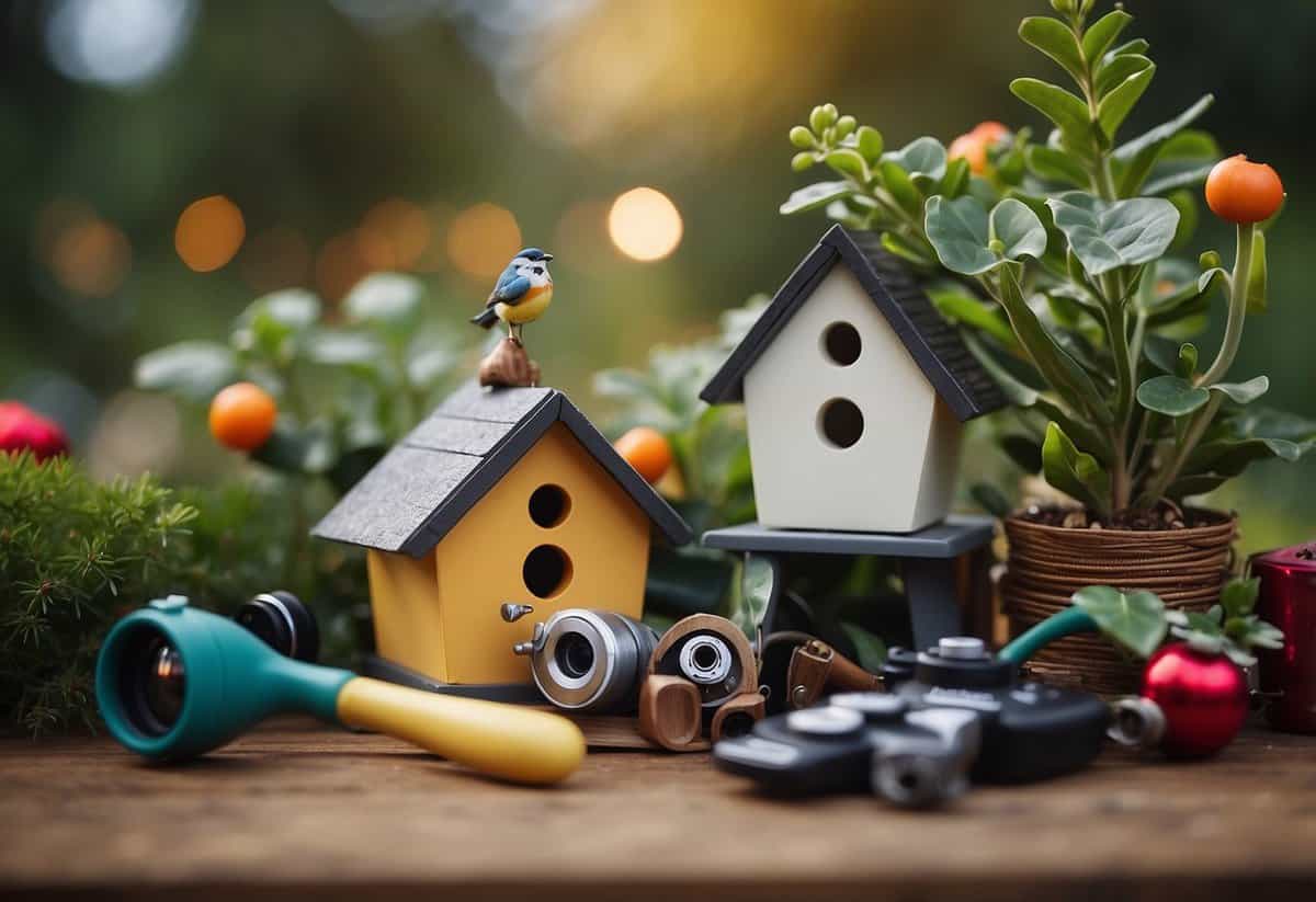 A birdhouse adorned with a tiny camera sits among gardening tools and Christmas gifts