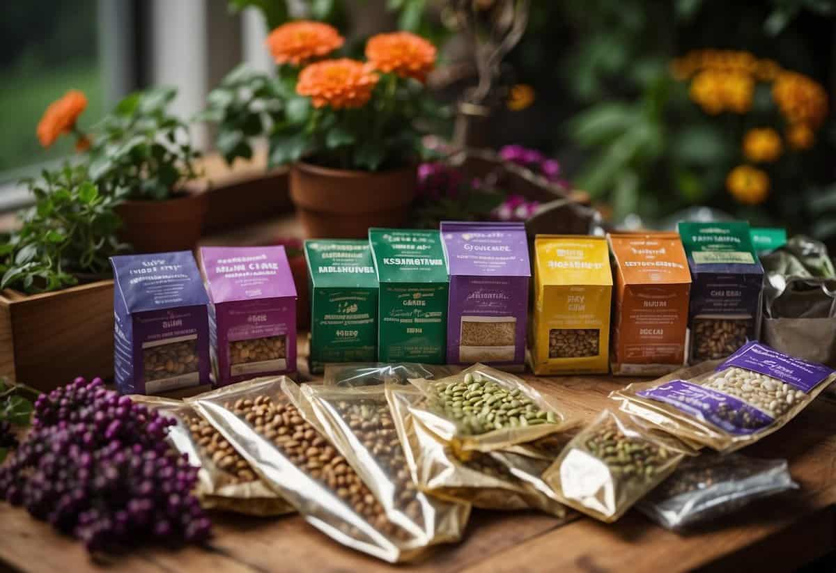 A diverse array of heirloom seed packets arranged in a festive display, surrounded by gardening tools and wrapped in holiday ribbons