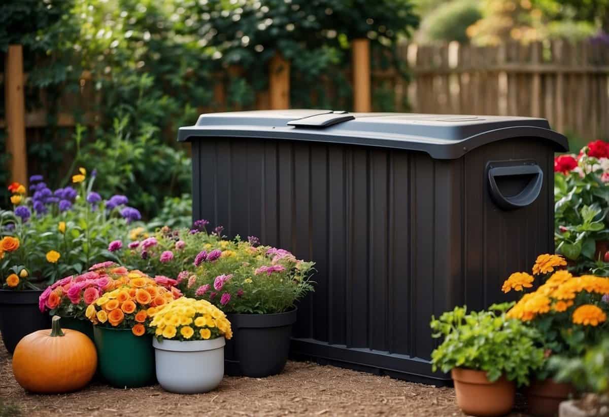 A compost bin sits in a garden surrounded by colorful flowers and vegetables. Nearby, wrapped xmas gifts are placed on a table