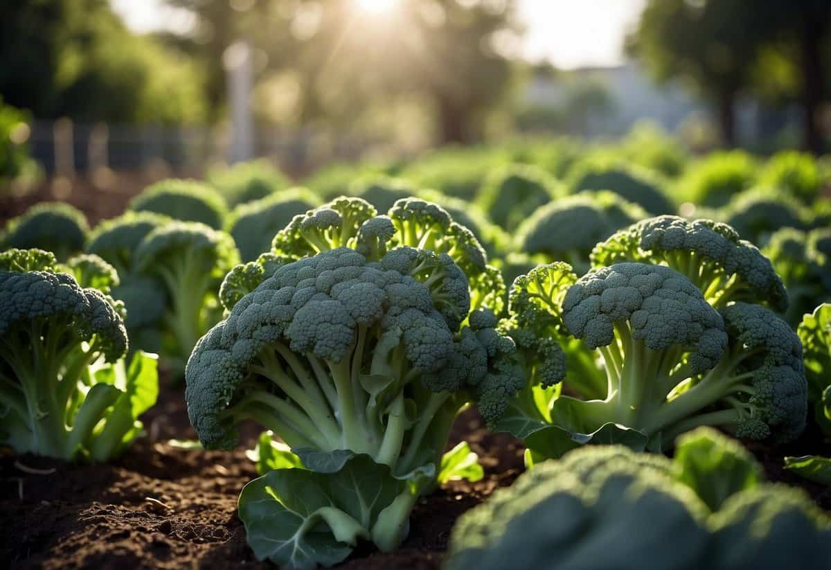 A lush broccoli garden with rows of vibrant green plants, surrounded by a fence to keep out pests. The sun shines down, casting dappled shadows on the healthy, thriving crops