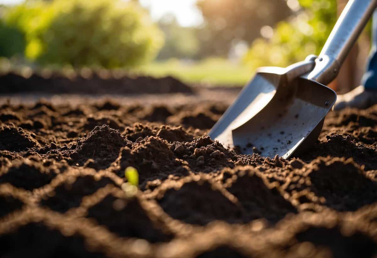 Rich, dark soil is being tilled and turned over, ready for planting. A gardener's tools lie nearby, while the sun shines down on the garden