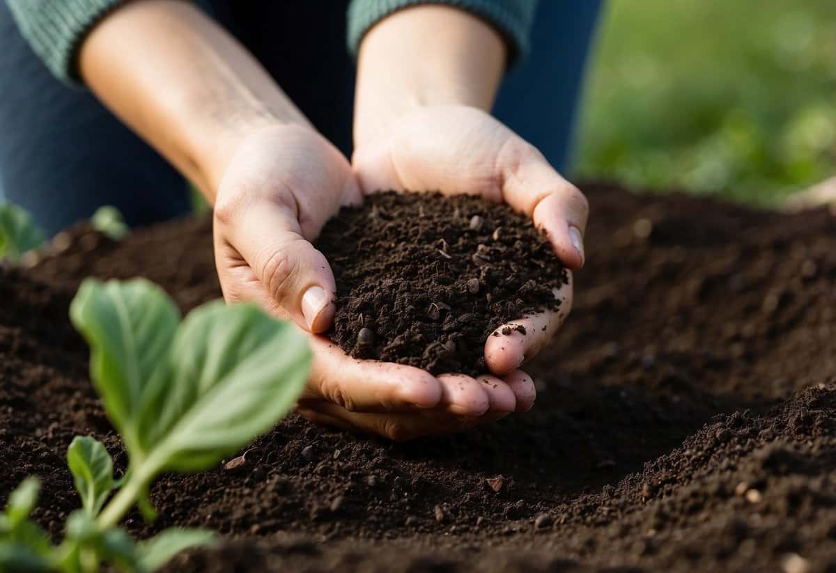 Rich soil turned with compost, ready for planting. Green bean seeds in hand, garden tips nearby