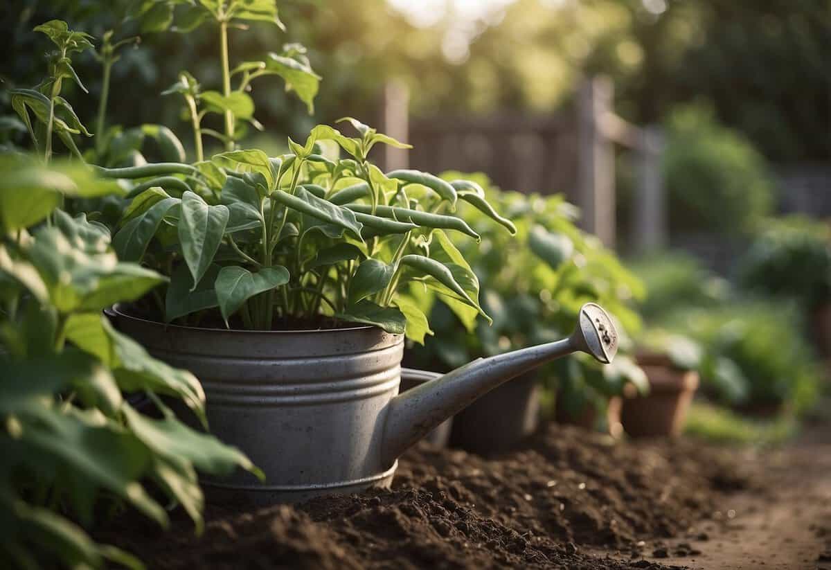 Lush green bean plants thrive in a well-tended garden, with a watering can nearby and a schedule posted on a rustic sign