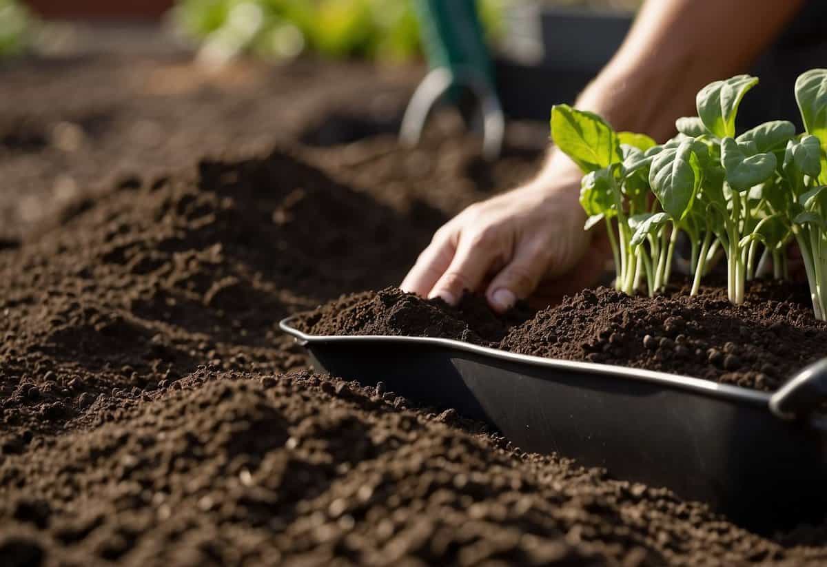 Rich, dark soil being turned over with a garden fork, ready for planting green beans. A scattering of compost and fertilizer sits nearby