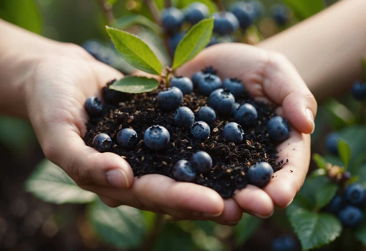 A hand sprinkles organic compost around blueberry bushes in a garden