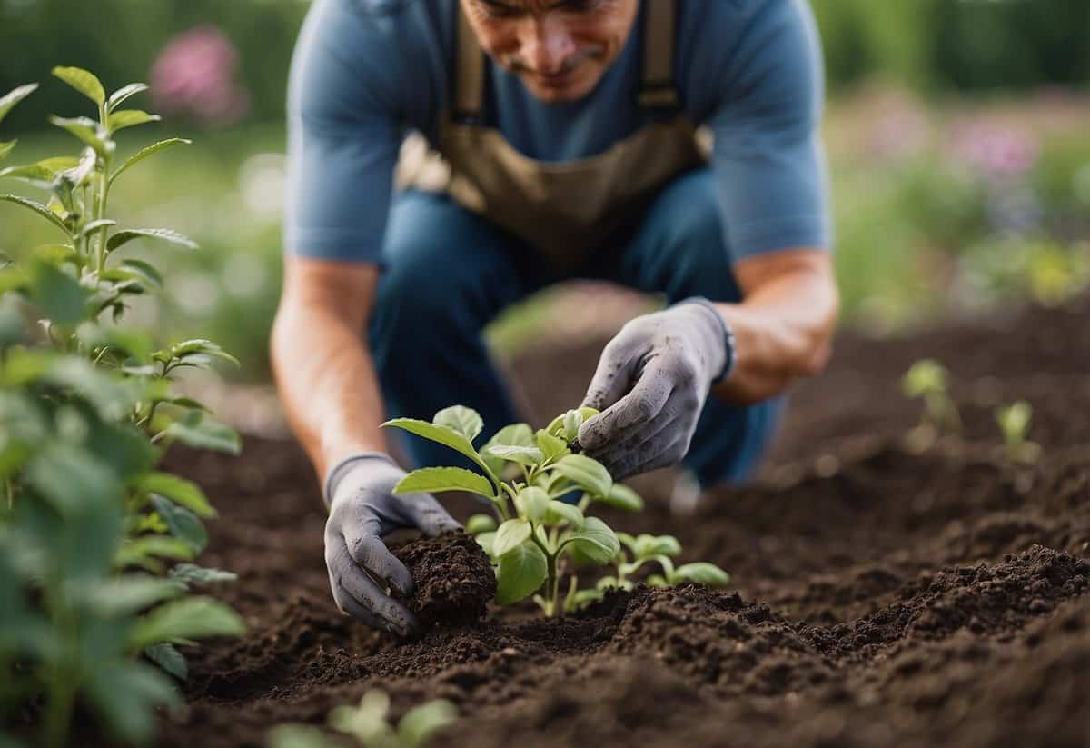 A gardener carefully selects rich, acidic soil for a thriving blueberry garden