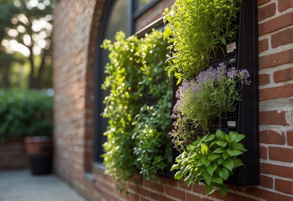 A vertical herb garden hangs against a brick wall, with a variety of herbs planted in individual pockets. Sunlight streams in, highlighting the lush greenery