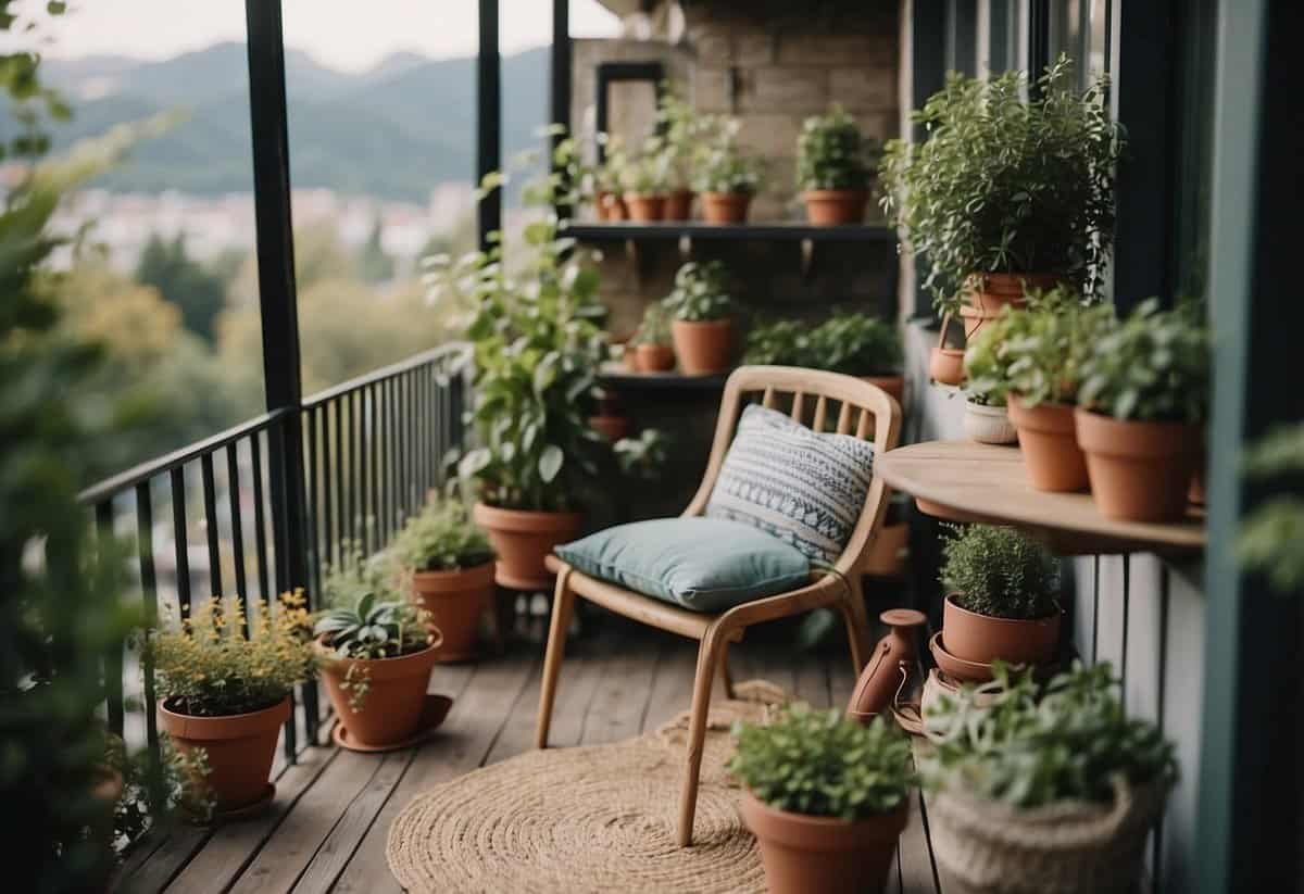 A small balcony with compact furniture, potted plants, and hanging baskets. A cozy and functional space for a mini garden