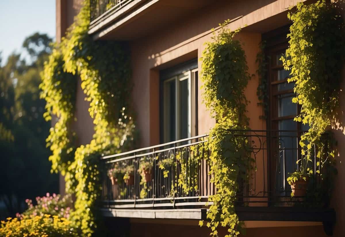 A balcony with trellises supporting lush vines, surrounded by potted plants and blooming flowers. The sun shines down, casting dappled shadows on the scene