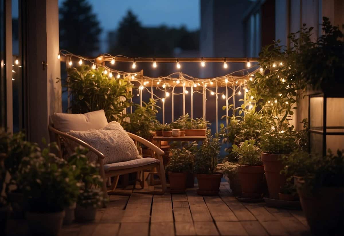 A cozy balcony garden with string lights creating a warm and inviting ambiance. Plants and flowers are illuminated, casting a soft glow in the evening