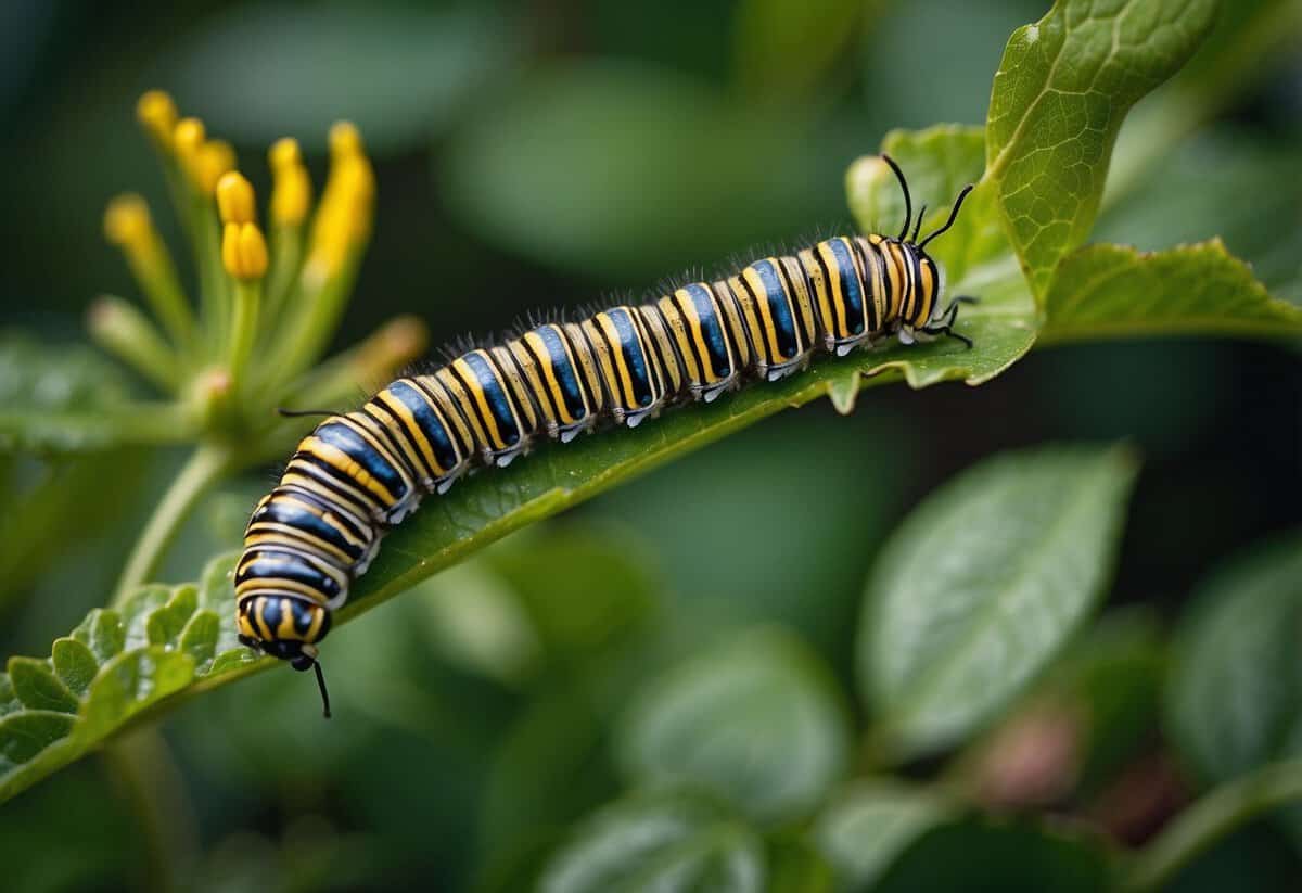 Caterpillars munch on green leaves in a vibrant butterfly garden, surrounded by a variety of host plants