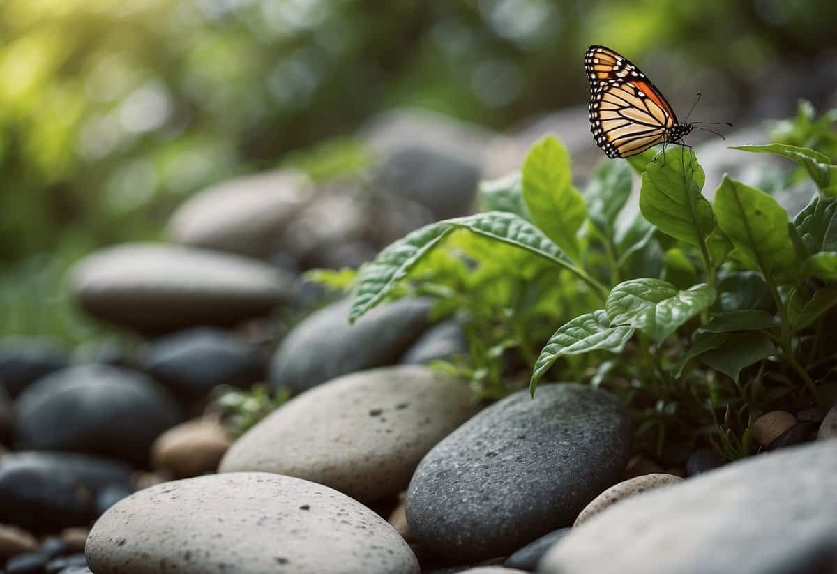 Butterflies bask on flat rocks in a lush garden