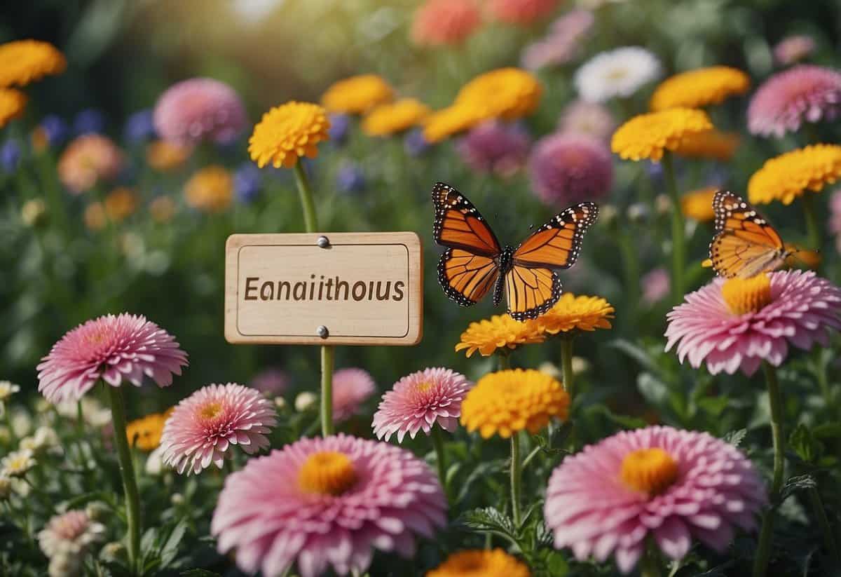 A colorful garden with various blooming flowers, attracting butterflies. A sign reads "Ensure Continuous Blooms" with helpful tips for maintaining the garden