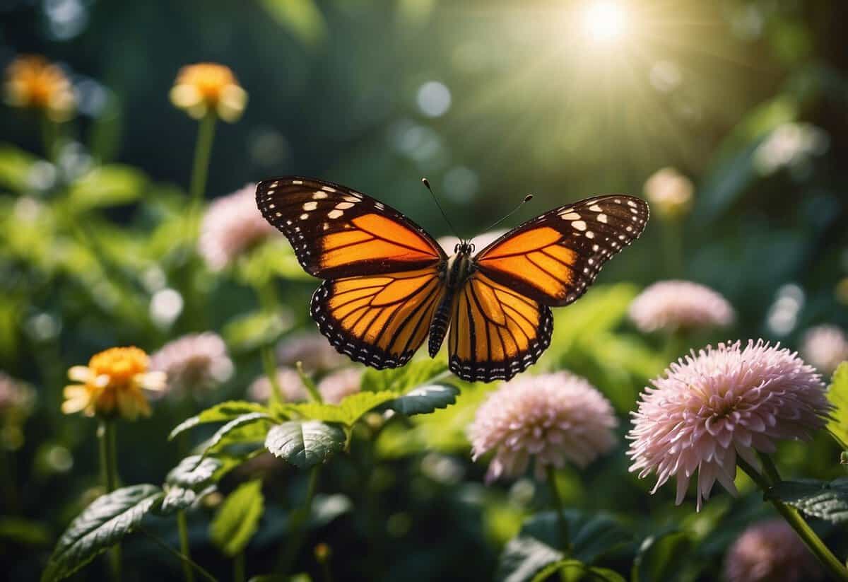 Butterflies flutter around blooming flowers in a lush garden. A small pond glistens in the sunlight, surrounded by vibrant greenery