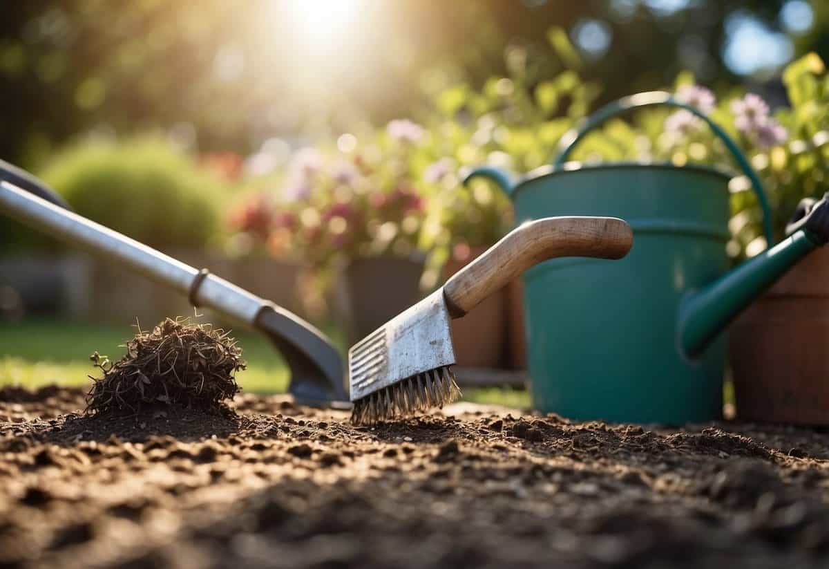 Garden tools being cleaned with oil to prevent rust on a sunny day