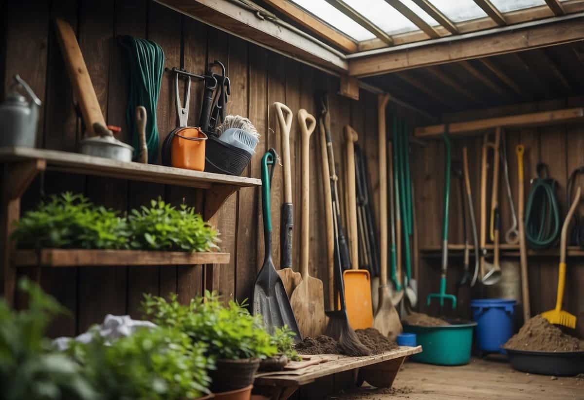 Garden tools stored in a dry shed, organized on hooks and shelves. A broom sweeps up dirt, and a cloth wipes down the metal surfaces