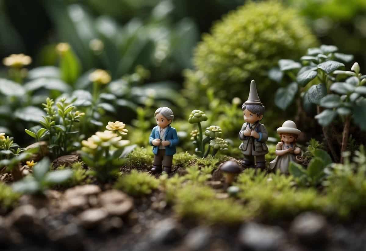 A lush garden with hardy plants in various sizes and colors, surrounded by small fairy figurines and miniature accessories