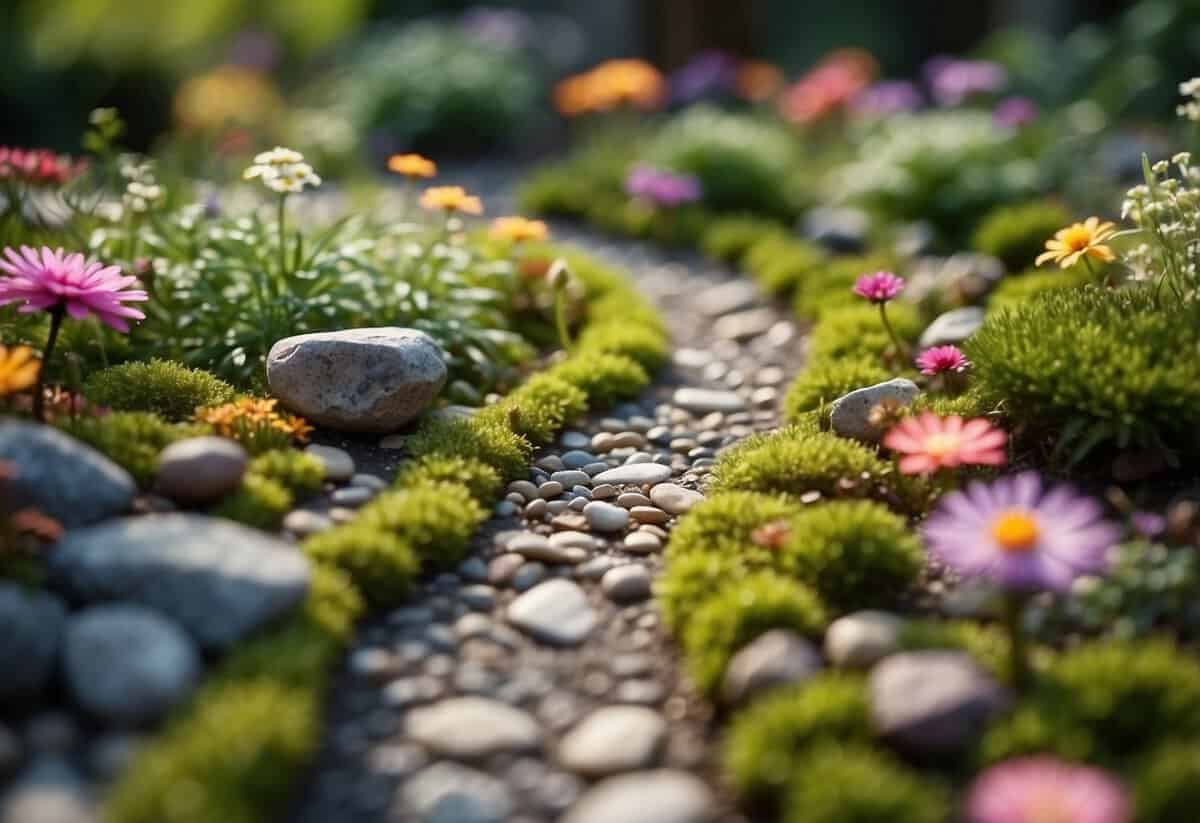 A winding path of gravel weaves through a lush fairy garden, bordered by colorful flowers and tiny moss-covered rocks