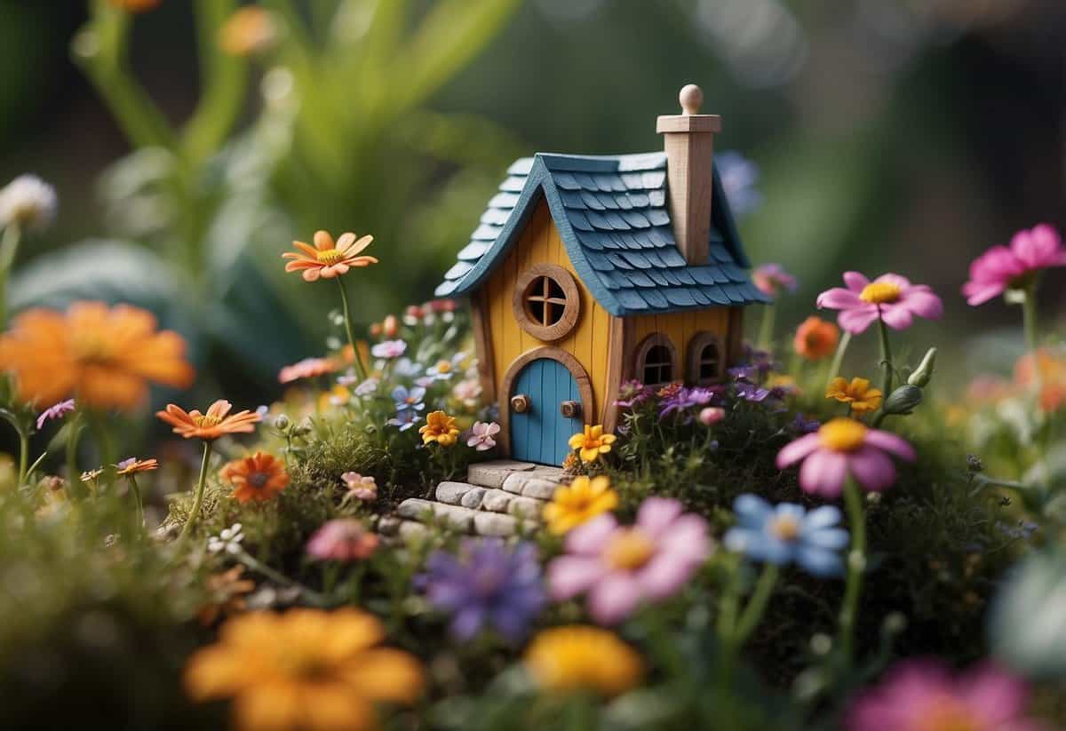 Colorful low-growing flowers surround a tiny fairy house, creating a whimsical garden scene