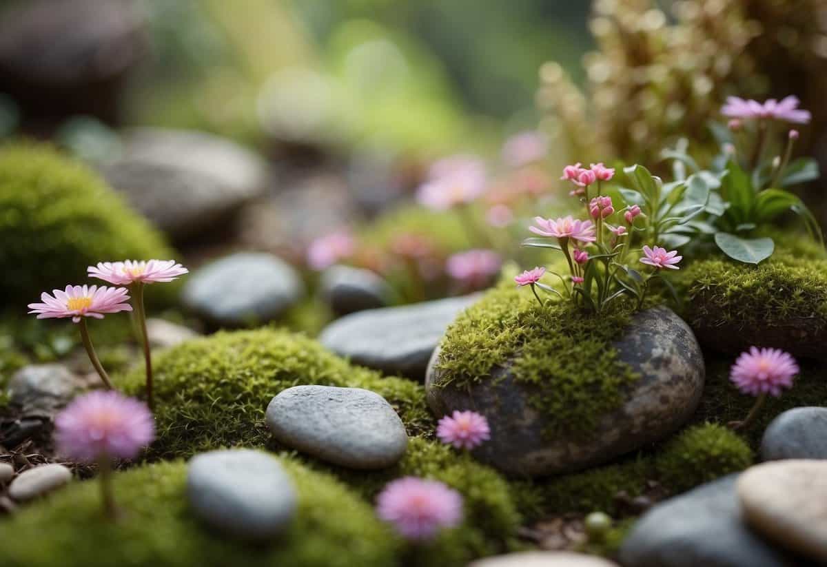 A fairy garden with a mix of textures: smooth stones, soft moss, rough bark, and delicate flowers