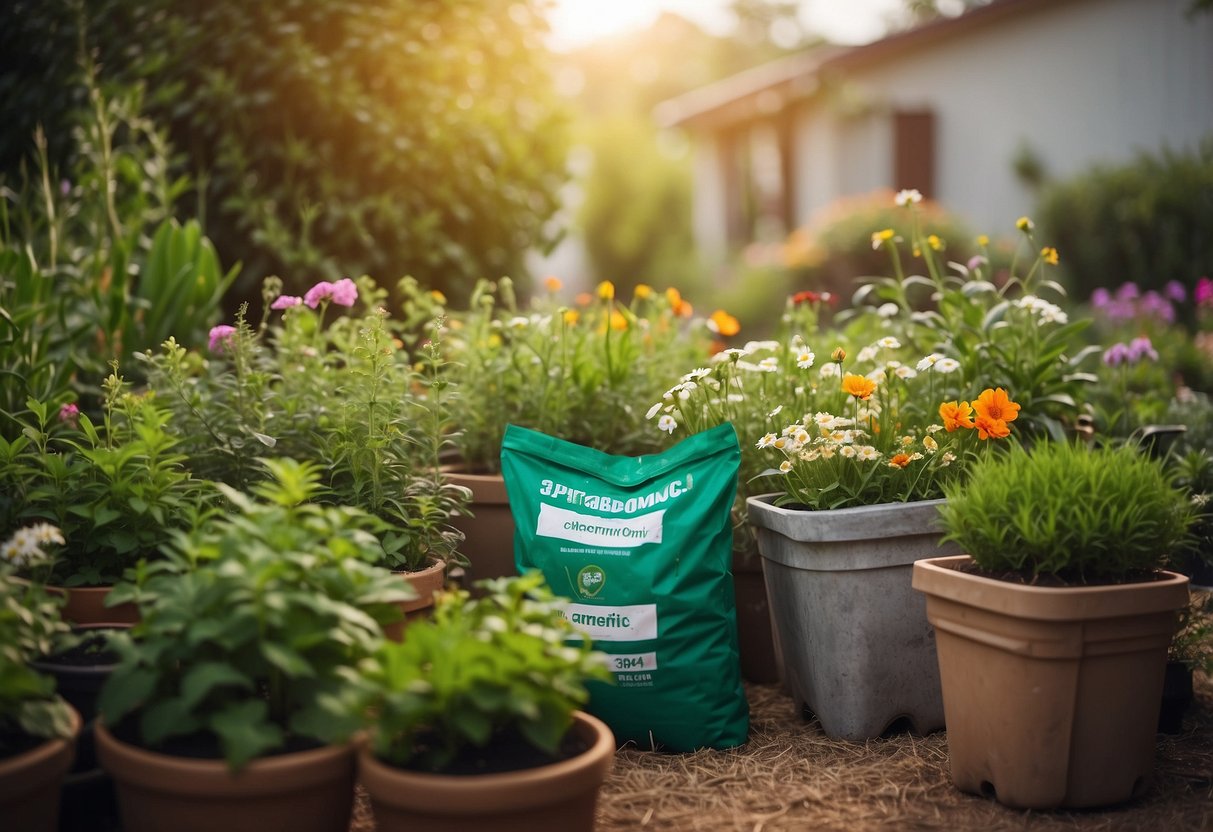 A garden with vibrant green plants and blooming flowers, surrounded by bags of organic fertilizers labeled with Indian garden tips