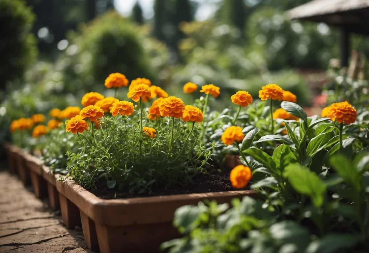 A lush Indian garden with intermingling plants like marigolds, basil, and tomatoes, showcasing the principles of companion planting