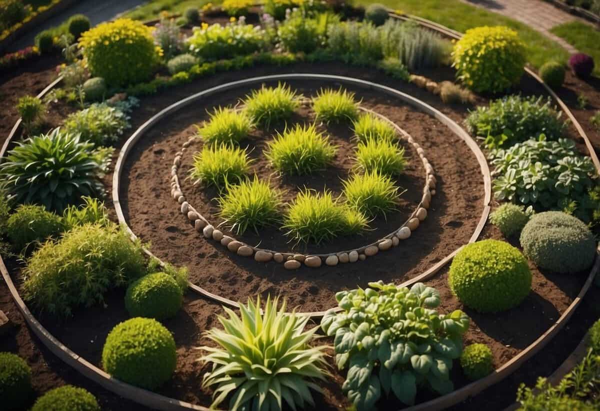 A garden with various crops arranged in a circular pattern, demonstrating crop rotation. The soil looks healthy and well-tended