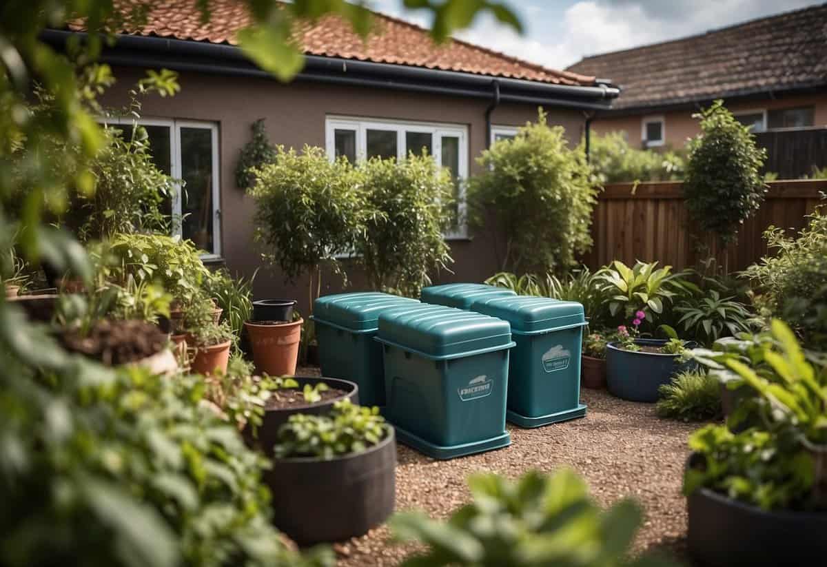 A small garden with a rainwater harvesting system installed, featuring barrels or containers to collect and store rainwater for irrigation