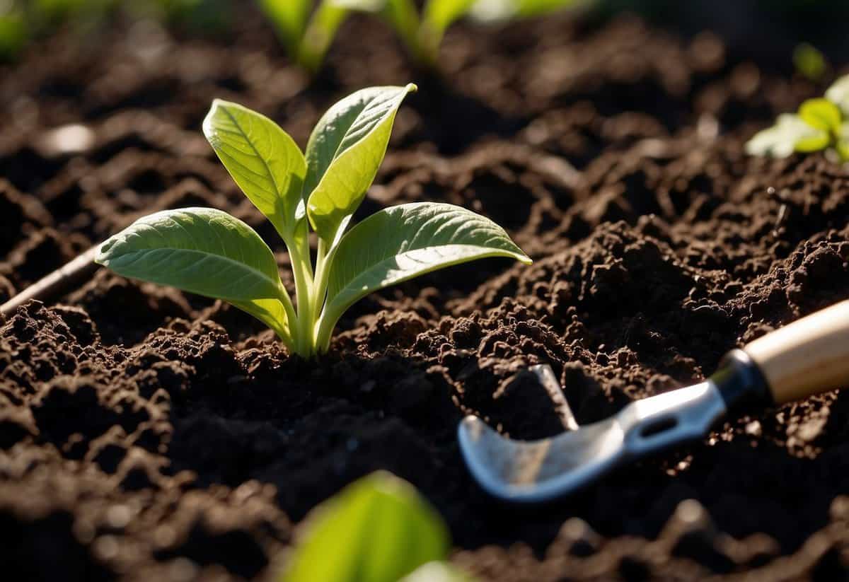 Lush green plants grow in rich, dark soil. A small garden tool sits nearby, ready for use. Sunlight filters through the leaves, casting dappled shadows on the ground