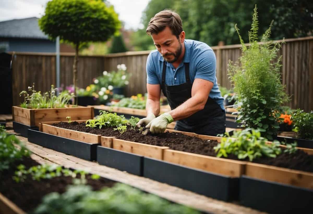 A small garden with raised beds, a variety of plants, and a person using a trowel to plant seeds. Mulch and compost bins are nearby