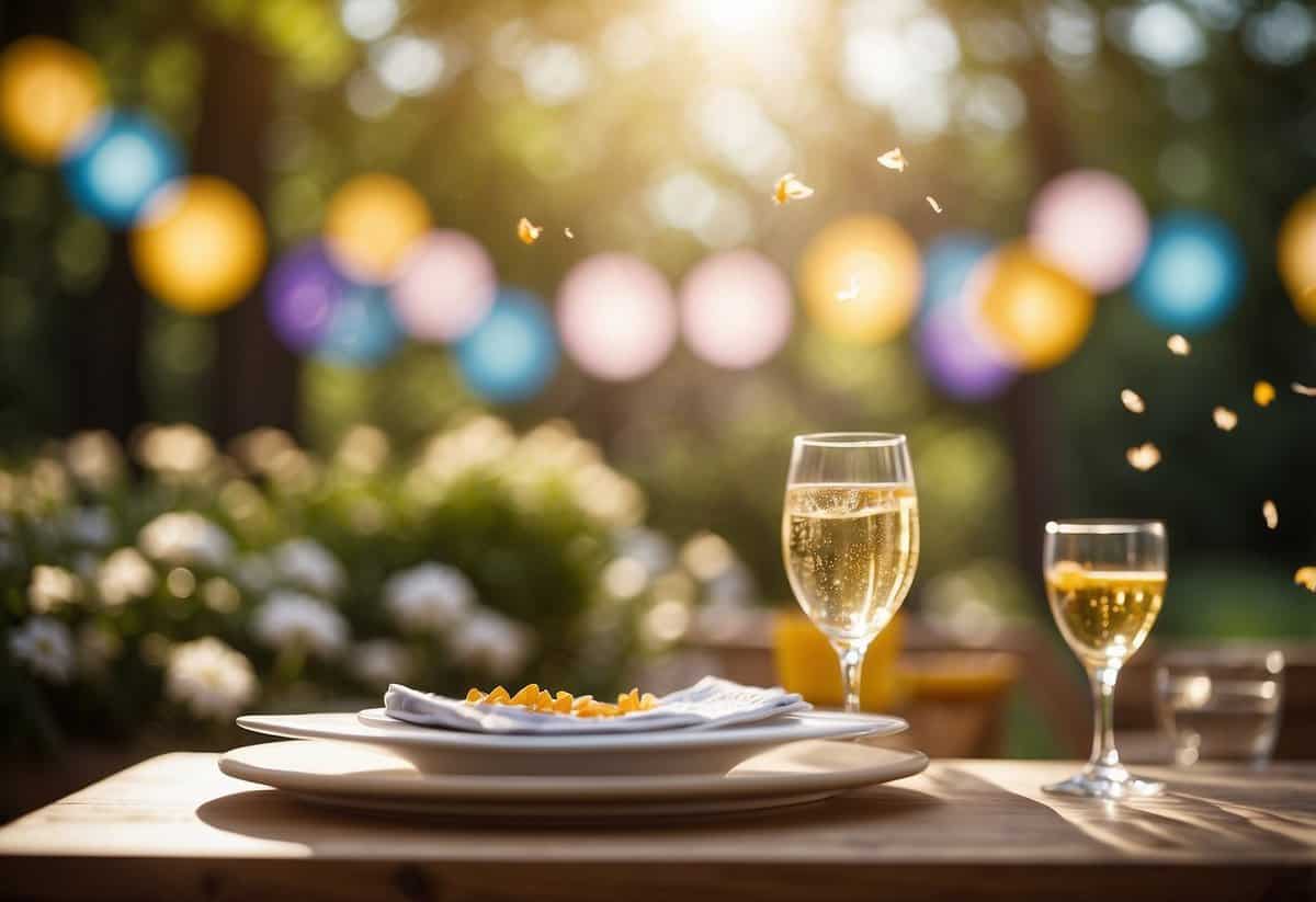 Colorful invitations flying through the air, landing on a garden table adorned with flowers and refreshments. Sunlight filters through the trees, casting a warm glow over the scene