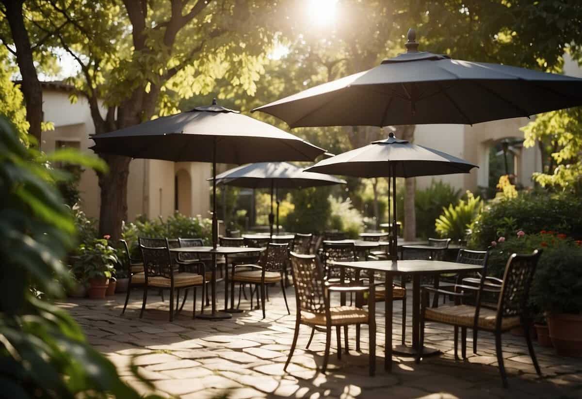 A sun-dappled garden with a variety of shade options: umbrellas, awnings, and trees casting cool shadows. Tables and chairs arranged for socializing