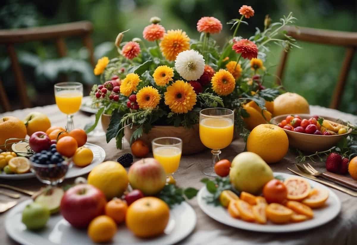 A colorful garden with flowers, fruits, and vegetables arranged in a festive manner. Tables set with bug-sized dishes and drinks. Decorations of leaves and twigs add to the whimsical atmosphere