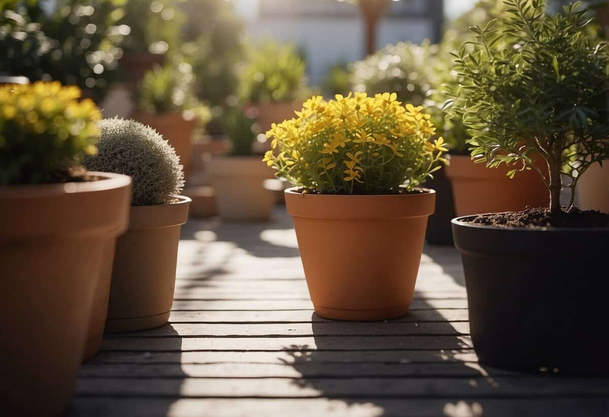 A potted garden arranged in a sunny spot, with plants positioned to catch the most sunlight