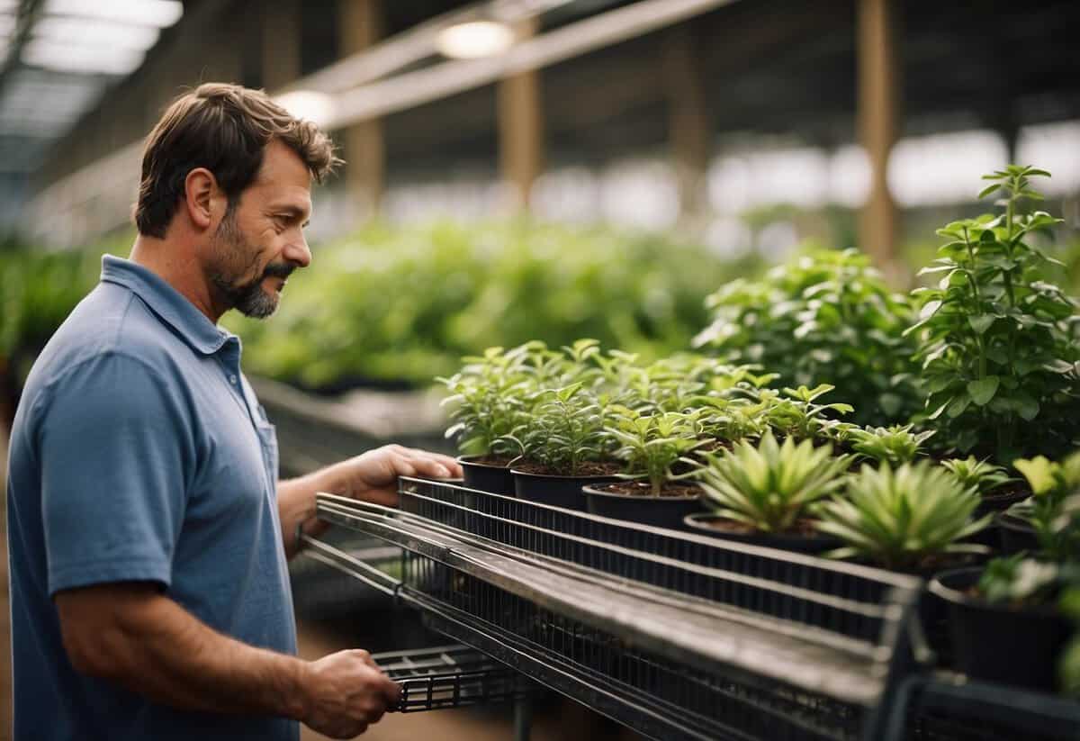 A person chooses various plants from a garden center, carefully inspecting each one before placing them in their cart