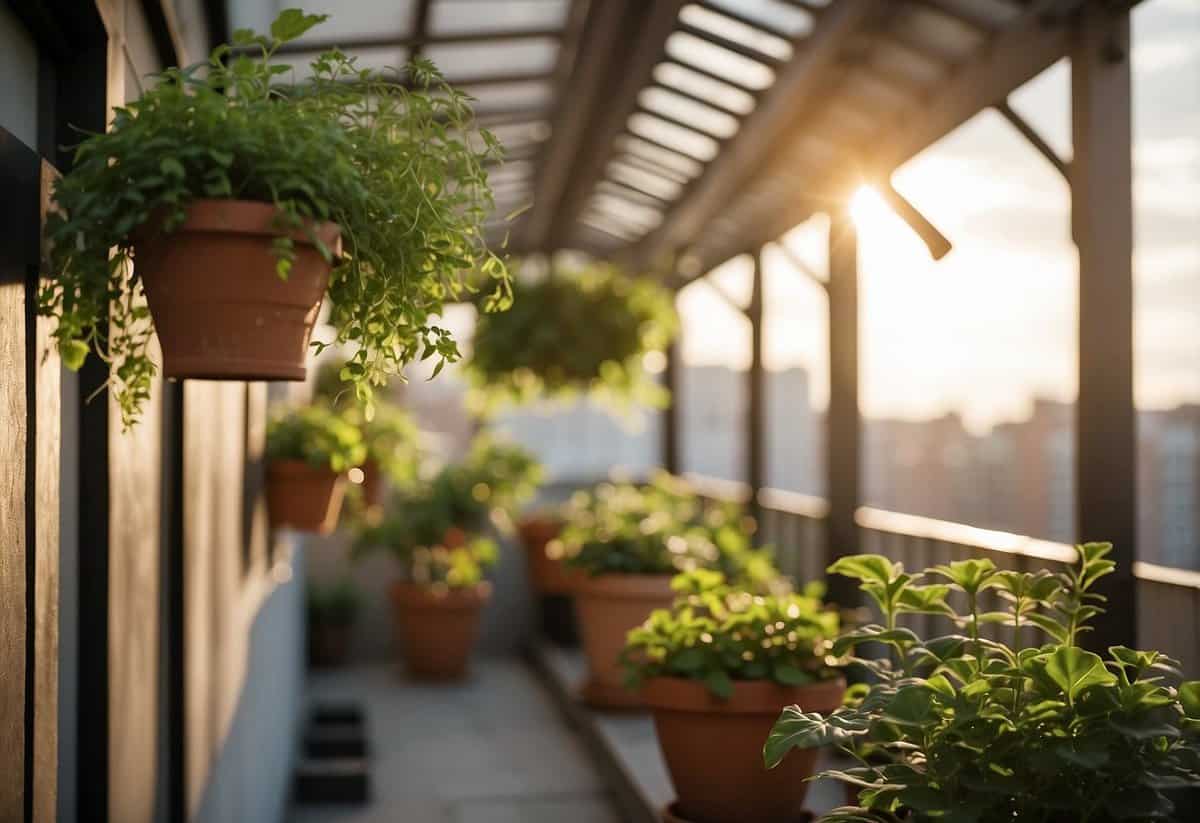 A rooftop garden with potted plants, hanging baskets, and trellises. Sunlight streams down on the vibrant greenery, creating a peaceful oasis in the city