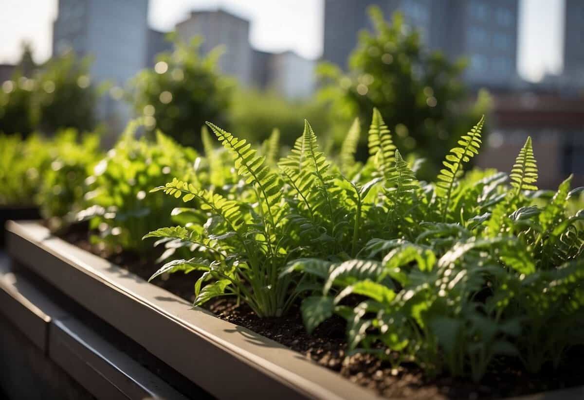 Lush green plants thrive in a rooftop garden, nourished by good quality soil. The vibrant colors and healthy growth illustrate the success of following rooftop garden tips