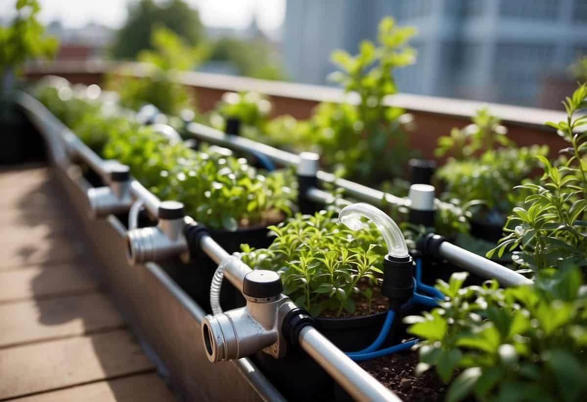 A rooftop garden with a watering system installed, surrounded by potted plants and greenery, with pipes and valves connected to the system