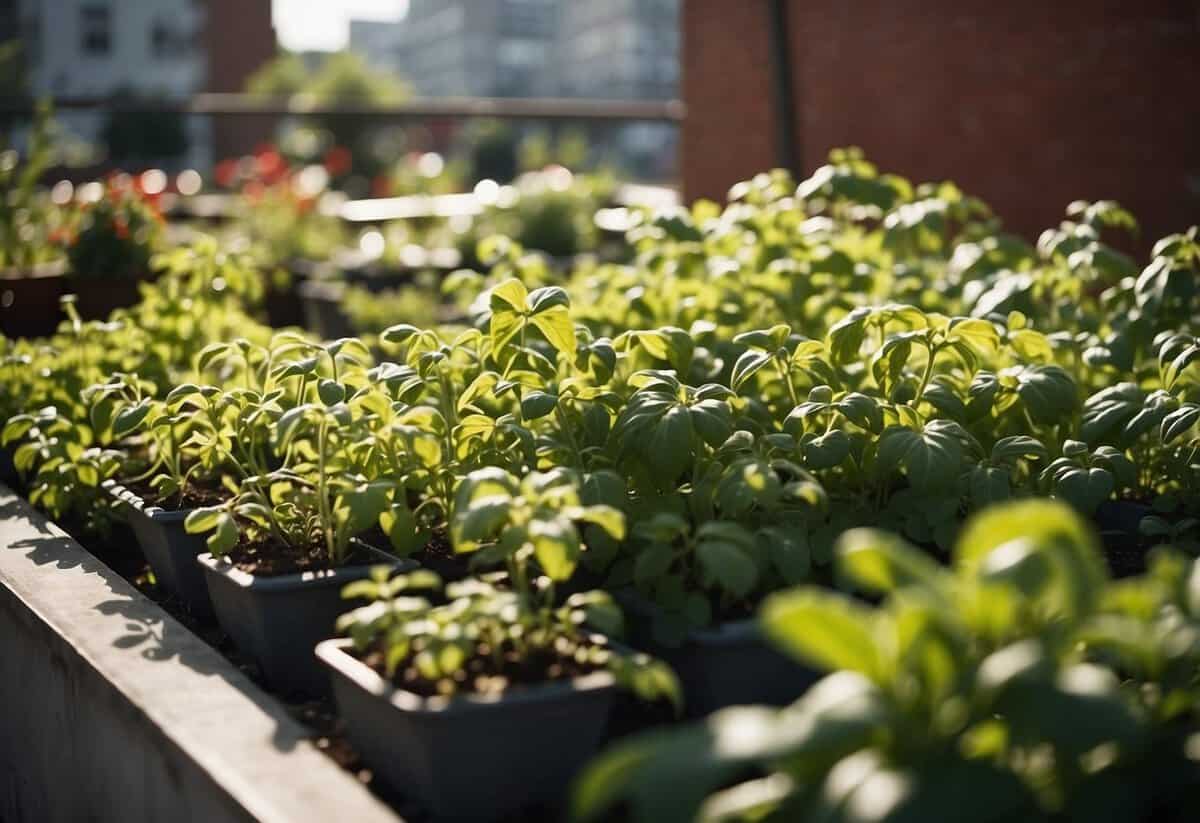 Lush rooftop garden with intermingling plants, like tomatoes and basil, creating a harmonious and productive ecosystem