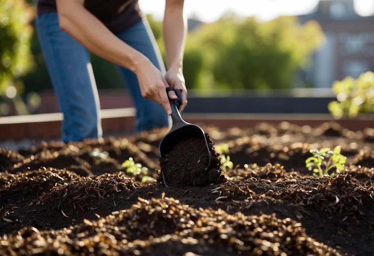 A person spreads mulch over the soil in a rooftop garden to retain moisture. The mulch is evenly distributed across the garden beds, helping to conserve water and protect the plants