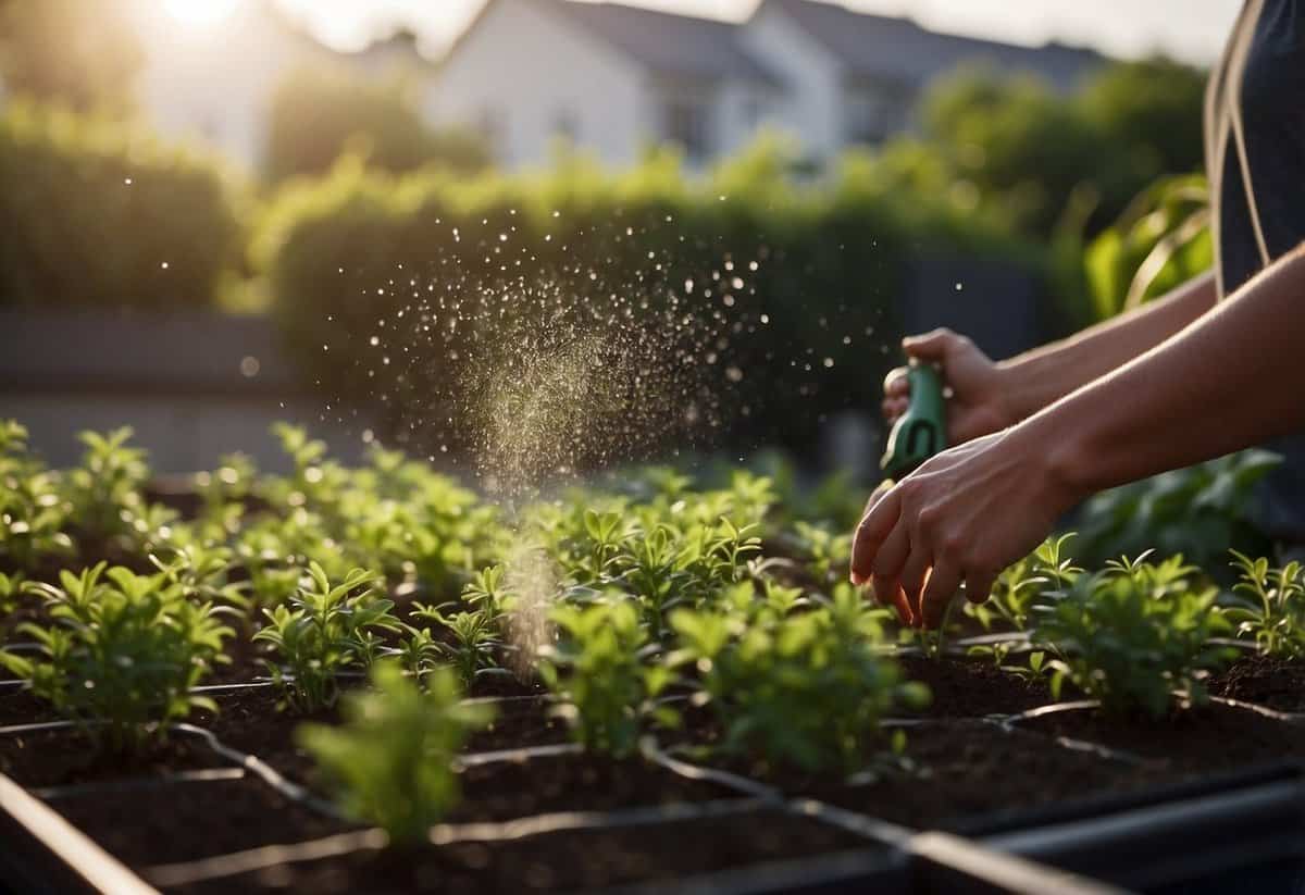 A person sprinkles fertilizer on a lush rooftop garden. Plants thrive under the care of regular fertilization