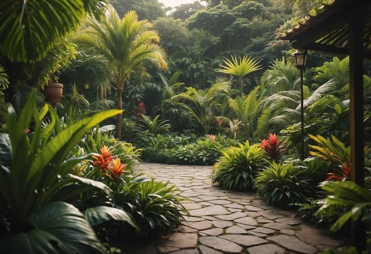 Lush tropical garden with vibrant, intermingling plants and flowers in harmonious companionship