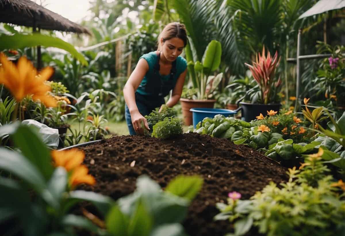 A lush tropical garden with a composting area, surrounded by vibrant plants and flowers. A person could be seen adding organic material to the compost pile