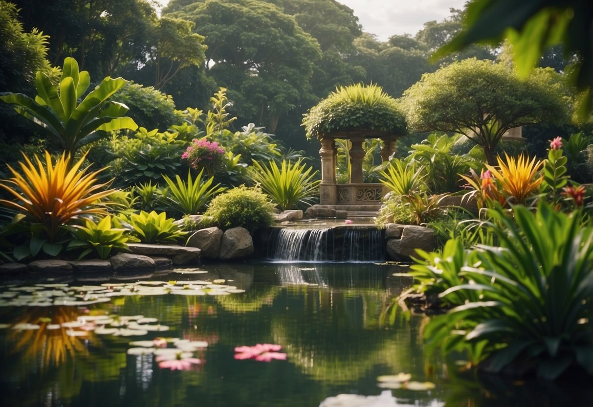 Lush greenery surrounds a serene pond, with vibrant flowers and exotic plants carefully arranged in a tropical garden