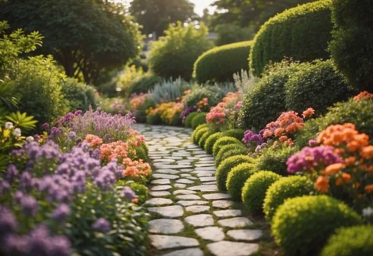 A winding rock pathway leads through a lush garden, bordered by colorful flowers and neatly trimmed hedges