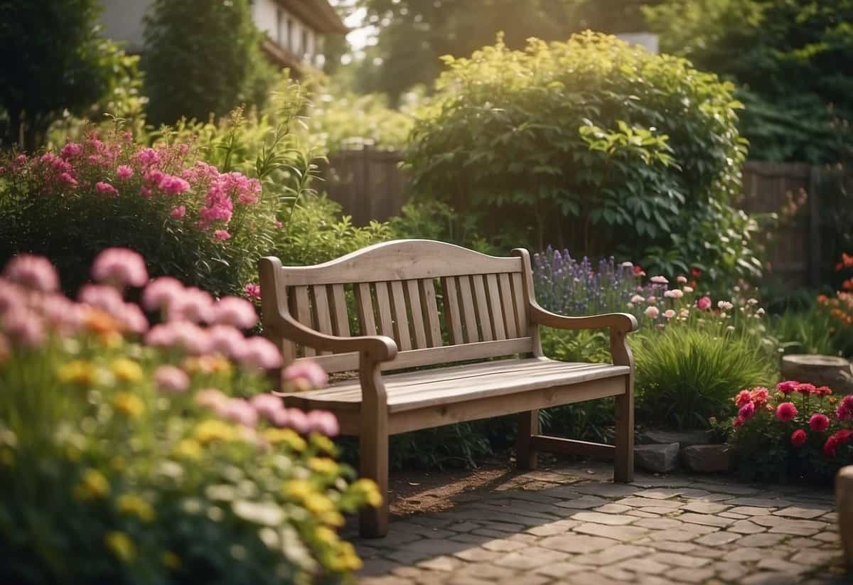 A cozy bench nestled in a charming home garden, surrounded by colorful flowers and lush greenery, creating a peaceful and inviting atmosphere